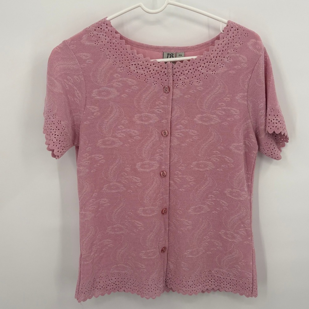 JB Petites Womens Pink Paisley Jacquard Scalloped Eyelet Button Front Top PS